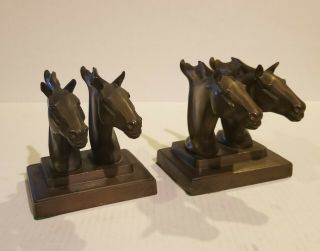 Pair Antique Signed Frankart Art Deco Double Horse Head Bookends