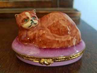 Vintage Peint Main Limoges France Orange Cat Trinket Box