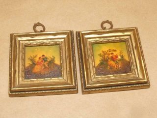 2 Antique Courting Couple Miniature Oil Paintings In Gold Gilt Frames 3 X 3 "