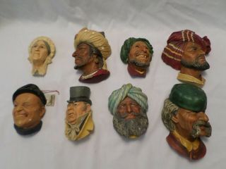 8 Vintage Bosson Chalkware Heads Wall Hanging Made In England