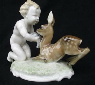 Putti Naked Child With Fawn Deer Figurine Tutter Hutschenreuther Selb 1955 - 1969