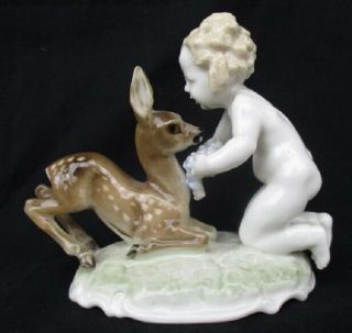 PUTTI Naked Child with FAWN Deer figurine TUTTER Hutschenreuther Selb 1955 - 1969 2