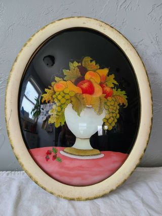 Vintage Oval Bubble Convex Picture Frame W/ Reverse Painted Glass Fruit In Vase