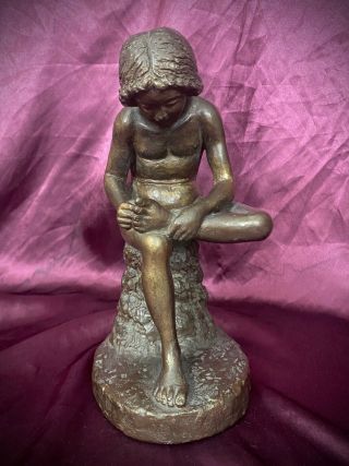 Vintage Mcm Boy With Thorn Statue Child Austin Production Sculpture Nude Bronzed