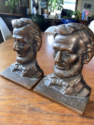 Vtg.  Pair Cast Iron Bronze Abraham Lincoln Bookends Sculpture Bust Verona