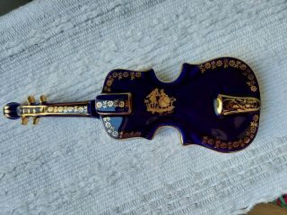 Vintage Limoges Castel France Porcelain Violin Shaped Box Cobalt Blue W/gold