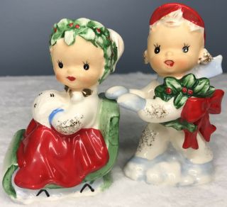 Vintage Lefton Christmas Figurine Boy Pushing Girl Sleigh Salt & Pepper Shaker