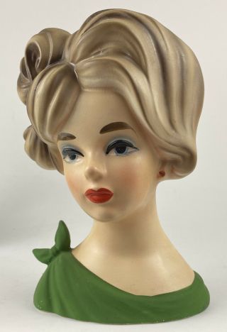 Vintage Napcoware Lady Head Vase Planter W/ Blue Eyes & Green Dress W/ Bow C7294
