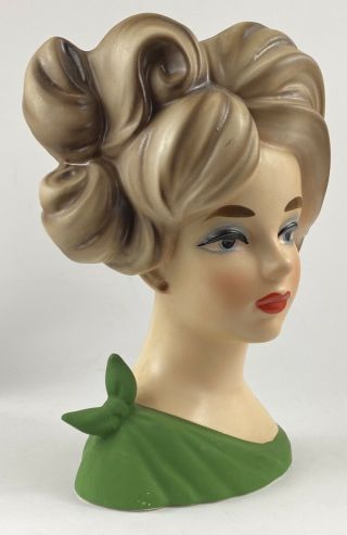 Vintage Napcoware Lady Head Vase Planter w/ Blue Eyes & Green Dress W/ Bow C7294 2