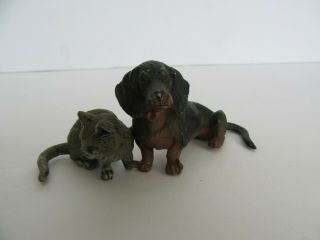 Antique Austrian / German Cold Painted Dachshund Dog & Cat Miniature Figurine