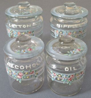 Vintage Set 4 Glass Baby Jars Hp Enamel Pink Roses Blue Forget - Me - Nots,  Stripes