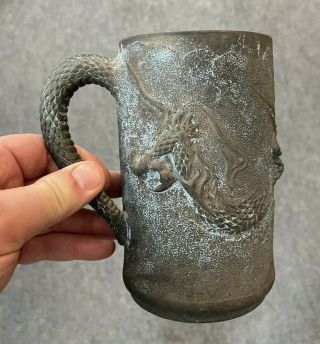 Unusual Antique Pottery Mug Stein With Dragon And Snake Designs Chinese