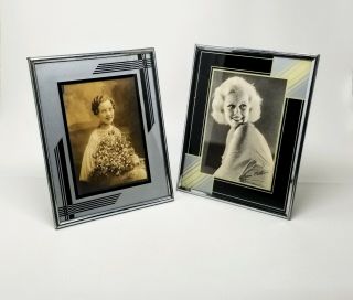 Vintage Art Deco Pair Reverse Painted Glass Easel Photograph Frames 5 X 7 Inch