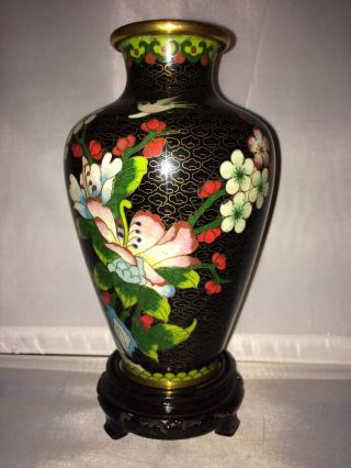 Antique Chinese Cloisonne Black Enamel Floral Design Vase w Wood Stand 2