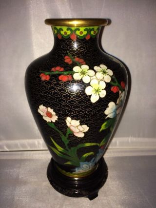 Antique Chinese Cloisonne Black Enamel Floral Design Vase w Wood Stand 3