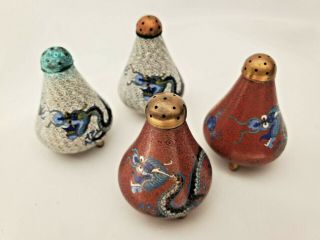 Vintage Antique Chinese Cloisonne Set Of 2 Small Dragon Salt & Pepper Shakers