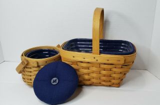 Set Of 2 Longaberger 2003 Hostess Appreciation Blue Pin Cushion Basket Sewing
