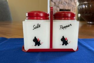 Tipp City Milk Glass Salt & Pepper Scottie Shakers With Tray
