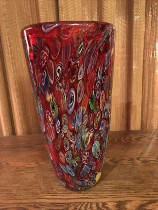 Art Glass Vase Hand Blown Large 12 " Red Millefiori