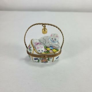 Limoges France Trinket Box Cats In Basket Peint Main Hand Painted