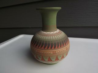 Native American Etched Red Clay Pottery Vase Signed Johnny Williams Navajo