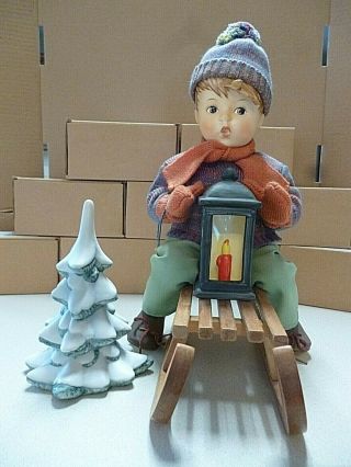 Goebel Hummel 14 " Soft Body Doll Ride Into Christmas Boy On Sled W/ Tree Lantern