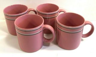 4 Coffee Mugs Jmp Chromatics Stoneware Japan Mid Century Gray White Bands Pink