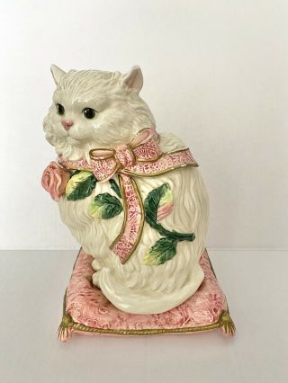 Fitz & Floyd Kitten Persian Cat And Roses On Pink Pillow Cushion Cookie Jar