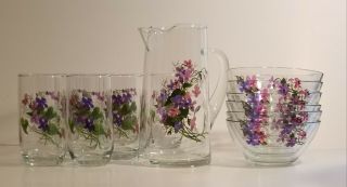 Wild Violets 13 Piece Hand Painted French Set - Pitcher,  Glasses,  Bowls