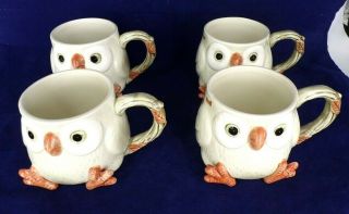 4 Vintage Fitz & Floyd Spotted Owl Ceramic Coffee Cup Hand Painted Mug 1978 Euc