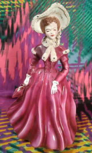Florence Ceramics Figurine Delores Burgundy Dress Pasadena California Elegant