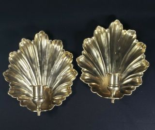 Hollywood Regency Nora Fenton Design Brass Clam Shell Candle Holders Wall Sconce