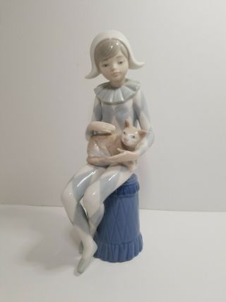 Nao By Lladro 0381 " Harlequin With Cat " Jester Clown W/ Kitty Cat On Lap