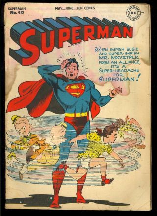 Superman 40 Unrestored Mxyztplk Cover Golden Age Dc Superhero Comic 1946 Gd -