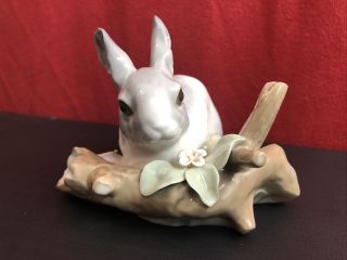 Lladro Porcelain Glazed Bunny Rabbit With Flower & Leaves Figurine Pristine