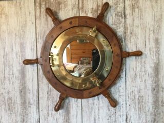 Nautical Wooden 18” Ship Wheel Brass Porthole Mirror Wall Decor