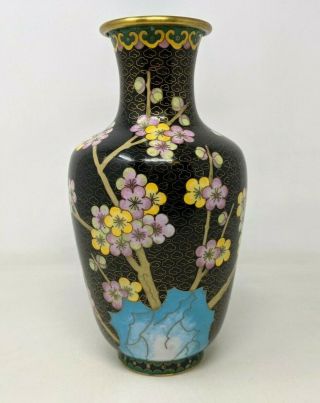 Vtg Chinese Enamel Brass Black Cloisonne Cherry Blossom Floral Cloud Vase Br20