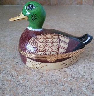 Tiffany & Co.  Limoges France Trinket Box Porcelain Painted Mallard Duck Wildfowl