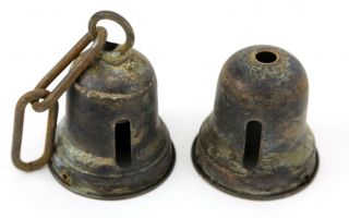 Set Of 2 Vintage Antique Brass Bells And Chain No Clappers Primitive Old