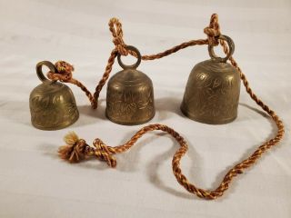 (3) Vintage Brass Bells Of Sarna Made In India Flower Design Tied With Rope