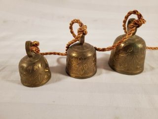 (3) Vintage Brass Bells of Sarna Made in India Flower Design Tied with Rope 3