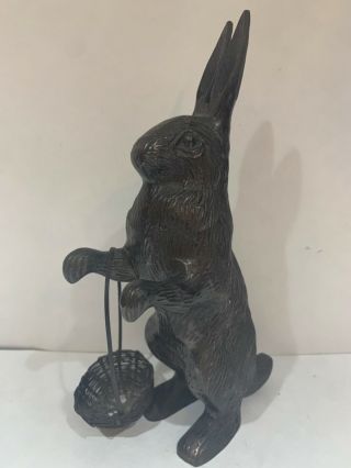 Vintage Metal Bronzed Rabbit Sculpture With Basket Easter Bunny Figurine Art
