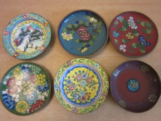 6 Antique / Vintage Chinese Cloisonne Enameled Small Dishes - Floral