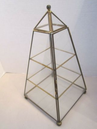 Vtg 13 " Brass & Glass 3 Tier Shelf Footed Curio Case Tabletop Display Pyramid
