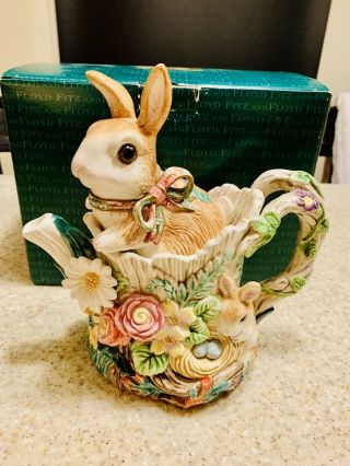 Fitz And Floyd Woodland Spring Bunny Rabbit Teapot With Lid