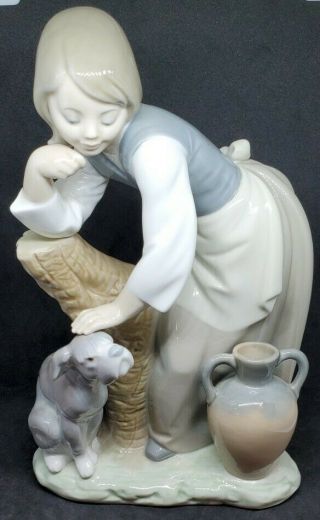 Lladro Porcelain 1246 Retired Caress & Rest Girl Petting Dog Urn Vase Tree X815