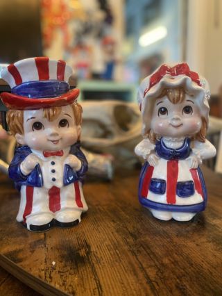 Vintage Lefton Uncle Sam Betsy Ross Usa Patriotic Boy Girl Figurine Banks Japan