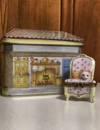 Limoges Kitten Sleeping In Chair Trinket Box & Tin House Keepsake Box