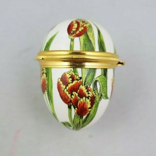 Vintage Halcyon Days Enamel Red & Yellow Tulip Flower Egg Hinged Trinket Box