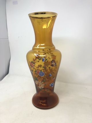 VINTAGE MCM Norleans Handmade In Italy 16” TALL Amber,  Gold Trimmed Glass Vase 2